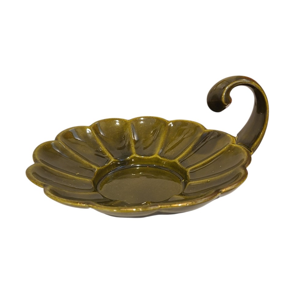 Vintage California Art Pottery Avocado Green Scalloped Dish Handle Mid Century